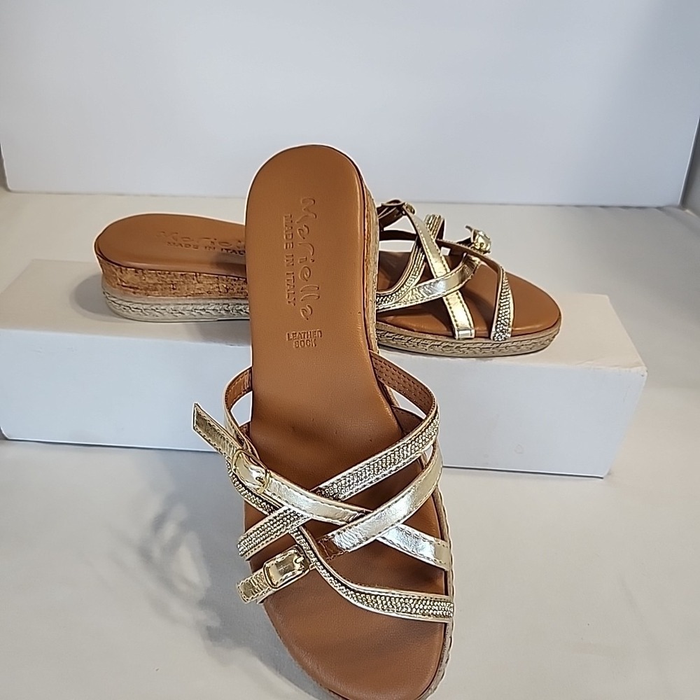 Mariella Women's 8 Gold‎ Rhinestone Sandals Shoes Made In Italy